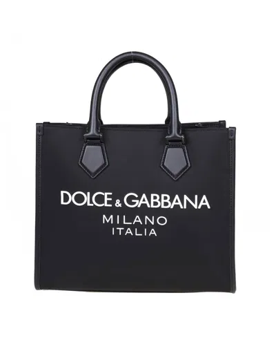 Dolce & Gabbana Shopping Bag In Fabric With Rubber Logo In Black / Black