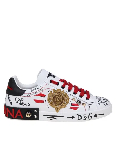 Dolce & Gabbana Portofino Studded Leather Sneakers In Scritte Fdo Bianco