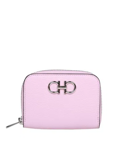 Ferragamo Gancini Card Holder In Bubble Gum Color Leather In Bubblegum