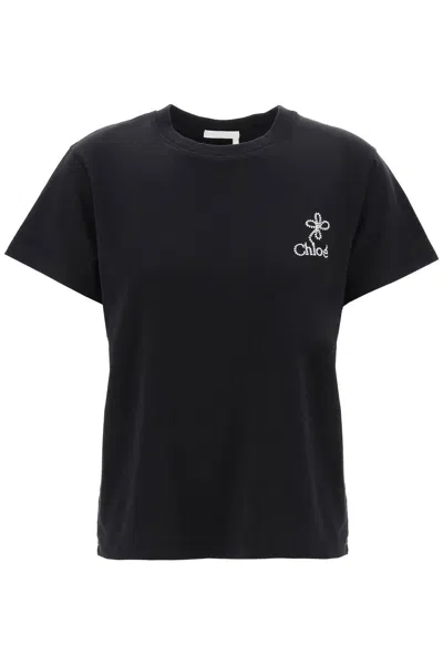 Chloé Contrast Embroidered Logo T-shirt With Contrasting In Black