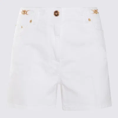 Versace Logo Patch Denim Shorts In White