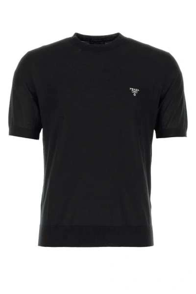 Prada Embroidered-logo Wool T-shirt In Black