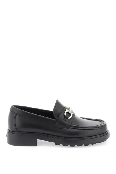 Ferragamo Gancini Leather Loafers In Black