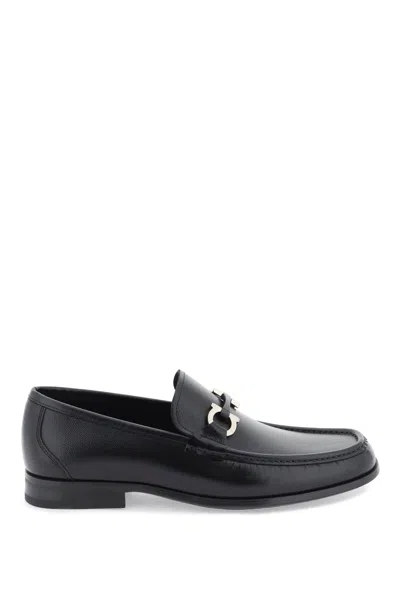 Ferragamo Grained Leather Loafers With Gancini In Black