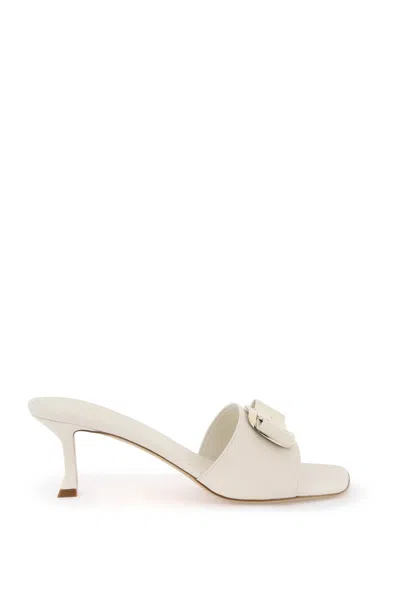 Ferragamo Zelie Leather Bow Mule Sandals In White