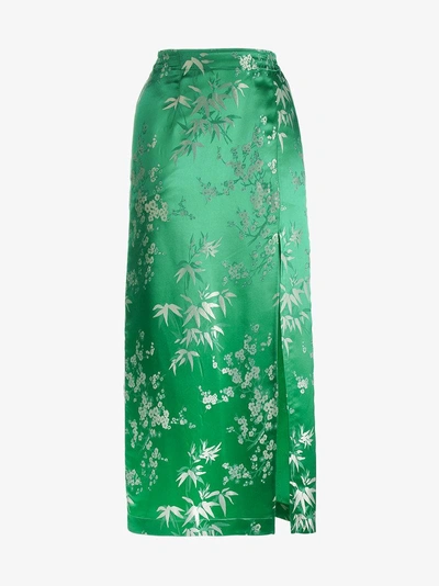 Attico Silk Jacquard Floral Print Mid Length Skirt In Green