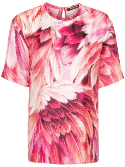 Roberto Cavalli Plumage-print Silk T-shirt In Burgundy