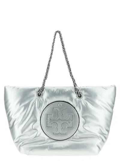 Tory Burch Ella Metallic Puffy Chain Shopping Bag In Silver