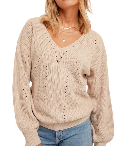 Hem & Thread Renata V Neck Bubble Sleeve Pullover Sweater In Soft Taupe In Beige