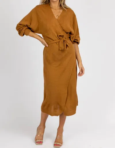 Mable Knit Wrap Sweater Midi Dress In Camel In Brown