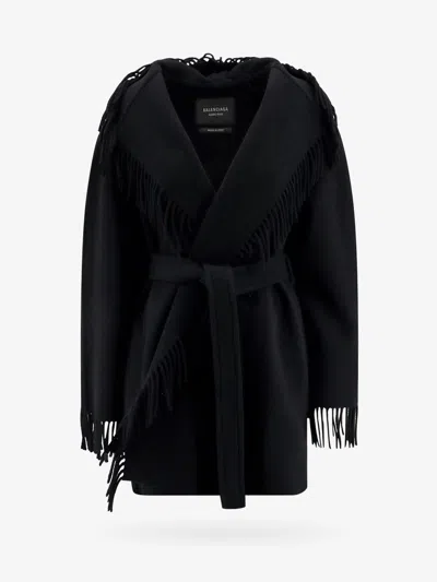 Balenciaga Belted Fringed Coat In Black