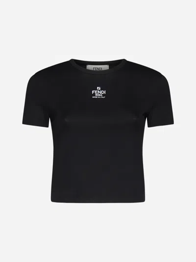 Fendi Logo Cotton Cropped T-shirt In Black