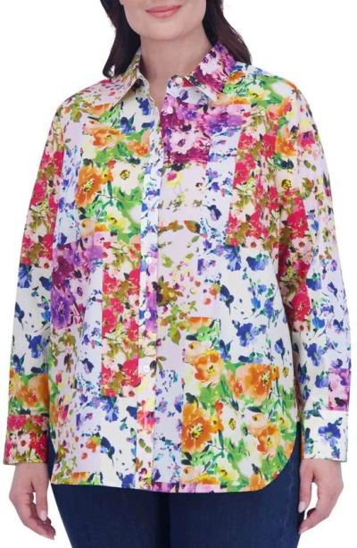 Foxcroft Meghan Floral Patchwork Button-up Shirt In White Multi