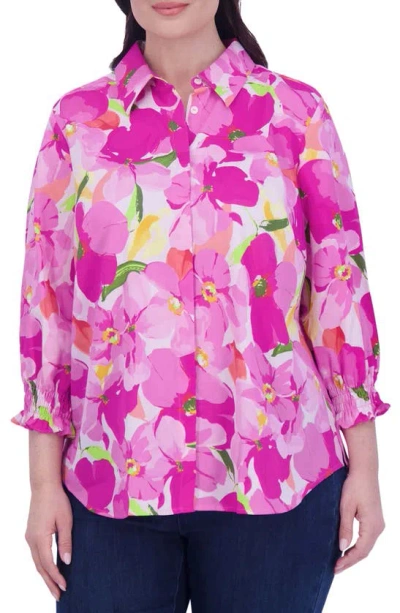 Foxcroft Olivia Floral Ruffle Sleeve Button-up Shirt In Pink Multi