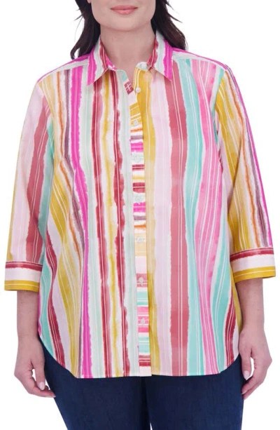 Foxcroft Watercolor Stripe Button-up Shirt In Pink Multi Stripe