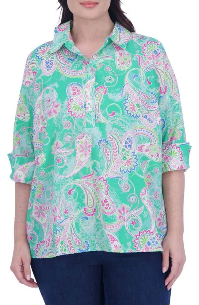 Foxcroft Therese Paisley Cotton Split Back Popover Shirt In Green Multi
