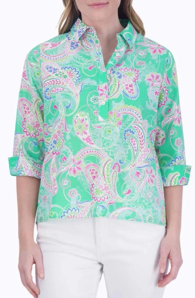 Foxcroft Therese Paisley Non-iron High-low Button-up Shirt In Green Multi