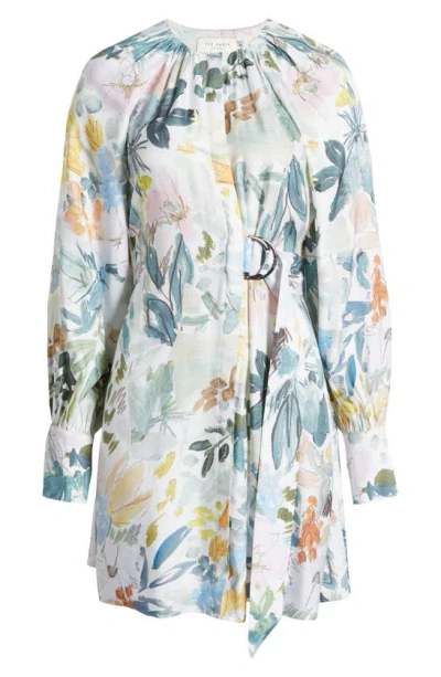 Ted Baker Amasya Floral Long Sleeve Faux Wrap Minidress In Ivory