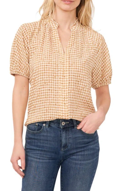 Cece Floral Embroidery Gingham Top In Light Sand