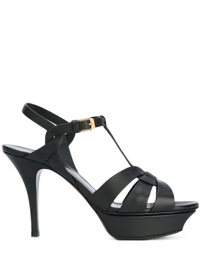 Saint Laurent Tribute Patent Leather Heel Sandals In Black