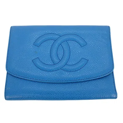 Pre-owned Chanel Logo Cc Blue Leather Wallet  ()