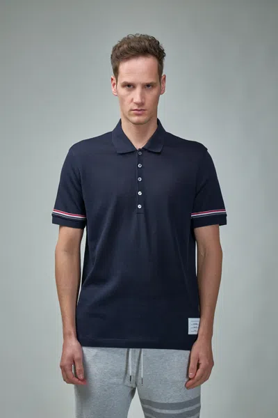 Thom Browne Blue Short Sleeve And Front Buttoning Polo In Cotton Man