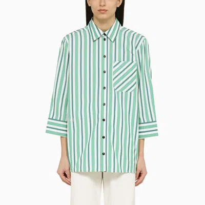 Ganni Green Striped Oversize Shirt In Organic Cotton