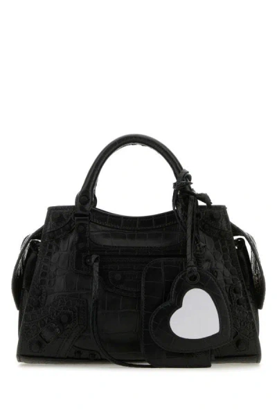 Balenciaga Crocodile Embossed Top Handle Structured Handbag In Black