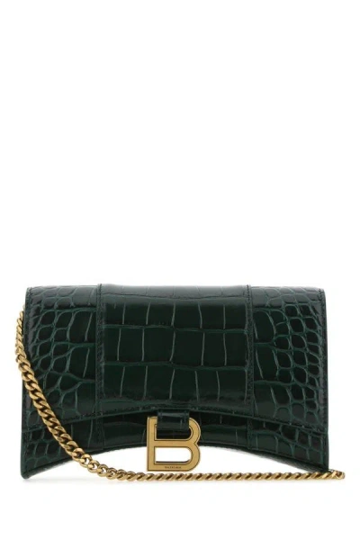 Balenciaga Hourglass Crocodile-effect Chain Wallet In Green