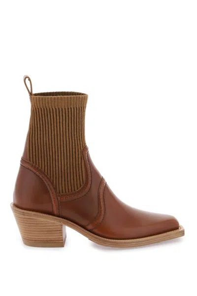Chloé Nellie Knit-trimmed Leather Ankle Boots In Brown