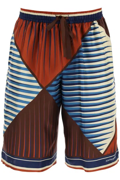 Dolce & Gabbana Bermuda Shorts In Printed Satin In Brown