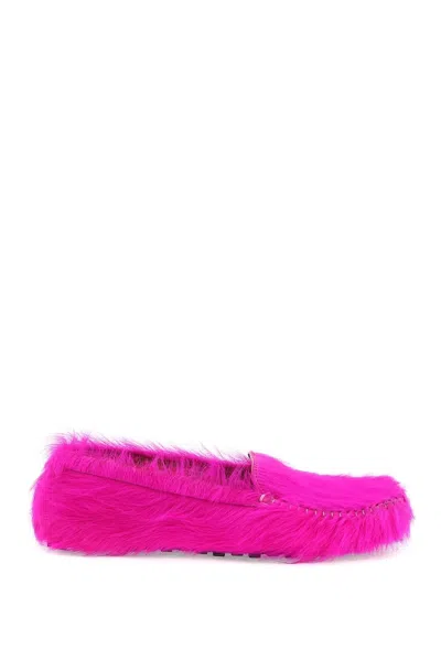 Marni Long Haired Leather Moccasins In In Fuchsia