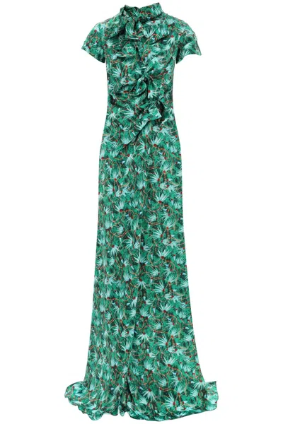 Saloni Kelly Bow-embellished Printed Silk-satin Maxi Dress In Green