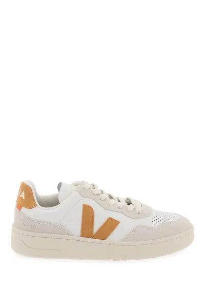 Veja White V-90 Leather And Suede Sneakers In White,beige,orange