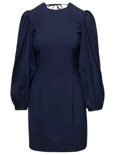 Ganni Mini Navy Blue Open-back Dress With Balloon Sleeves In Stretch Viscose Blend Woman