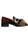 PRADA SHEARLING AND GOAT HAIR-TRIMMED BURNISHED-LEATHER BROGUES