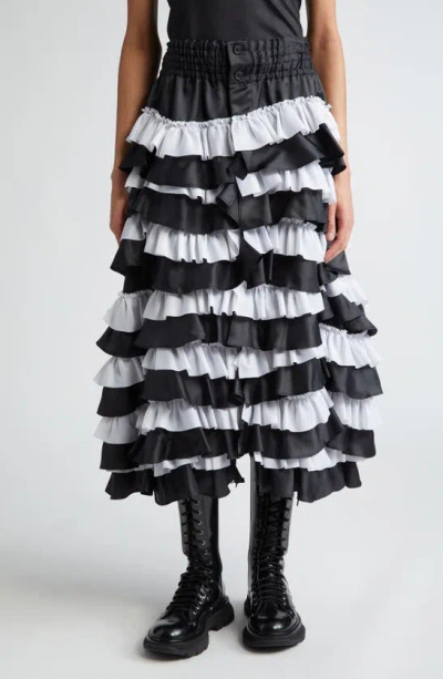 Noir Kei Ninomiya Colorblock Tiered Ruffle Satin Skirt In Black X White