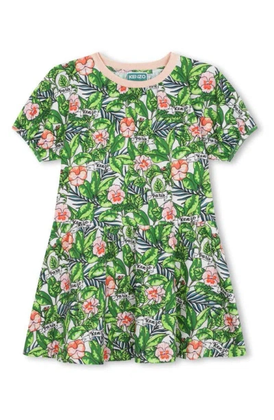Kenzo Kids' Foliage Print Cotton T-shirt Dress In 66f-mint Green