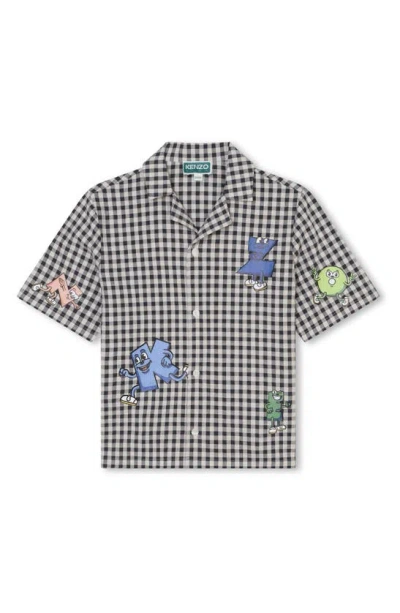 Kenzo Kids' Gingham Short Sleeve Graphic Button-up Shirt In N20-ecru Grey