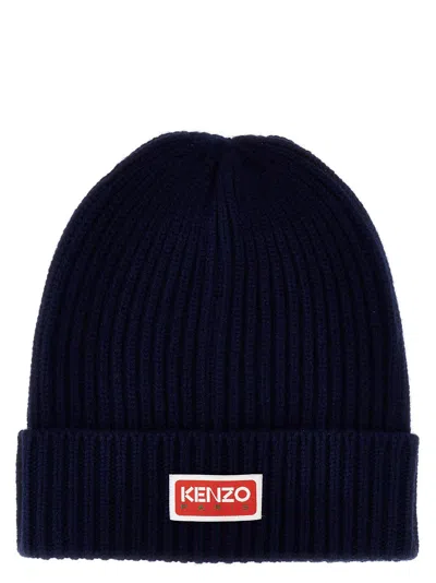 Kenzo Blue Beanie With Ribbed Texture And Contrastring Logo Patch In Wool Man