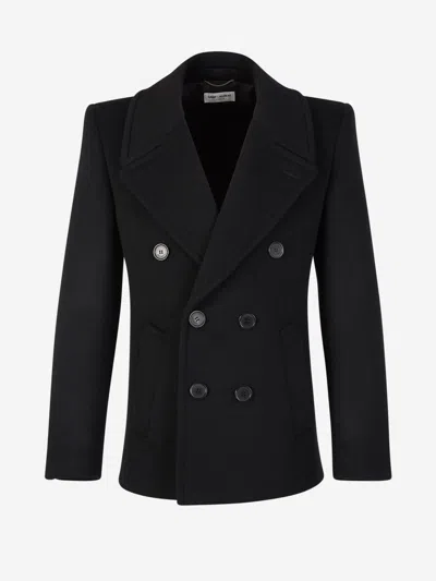 Saint Laurent Wrap Wool Coat In Negre