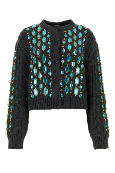 Miu Miu Crystal Oversized Cable Wool Cardigan In Anthracite Gray