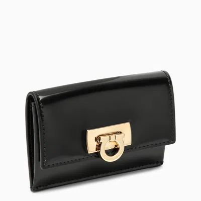 Ferragamo Black Leather Horizontal Card Holder In Multicolor