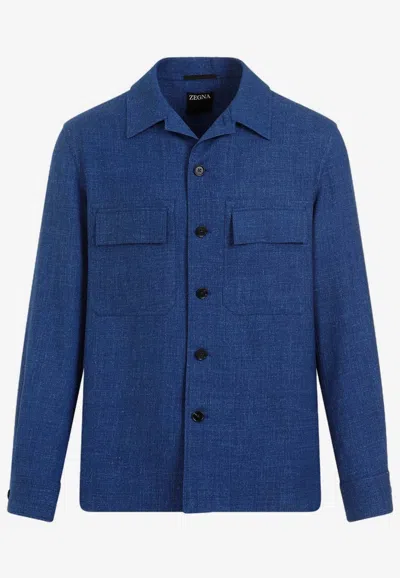 Zegna Cashmere And Linen Long-sleeved Shirt In Blue