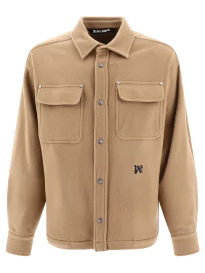 Palm Angels Logo-embroidered Virgin Wool Shirt In Beige