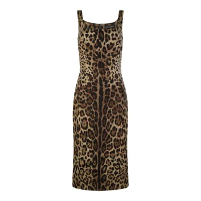Dolce & Gabbana Animal Print Back Zip Sleeveless Dress In Leo New