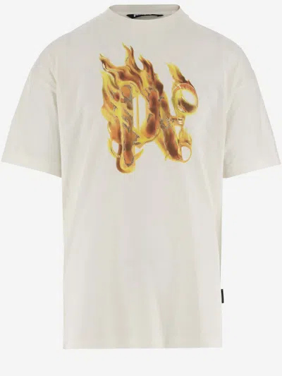 Palm Angels Cotton T-shirt With Graphic Print And Logo In Beige