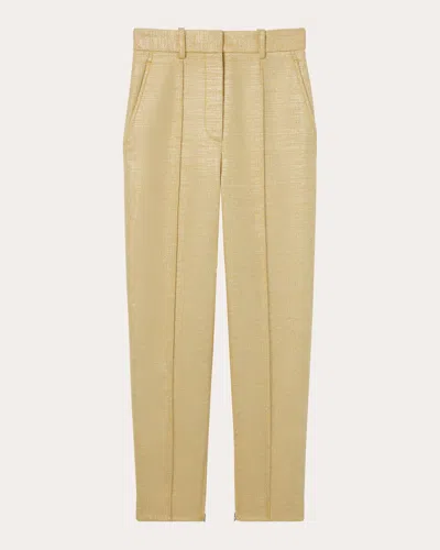St John High-rise Slim-leg Ankle Zip-hem Metallic Twill Pants In Silver/sunflower Multi