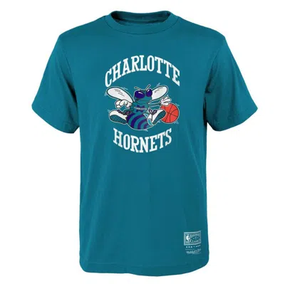Mitchell & Ness Kids' Youth  Teal Charlotte Hornets Hardwood Classics Retro Logo T-shirt