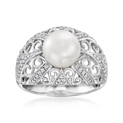 Ross-simons 8-8.5mm Cultured Pearl And . Diamond Filigree Ring In Sterling Silver In White